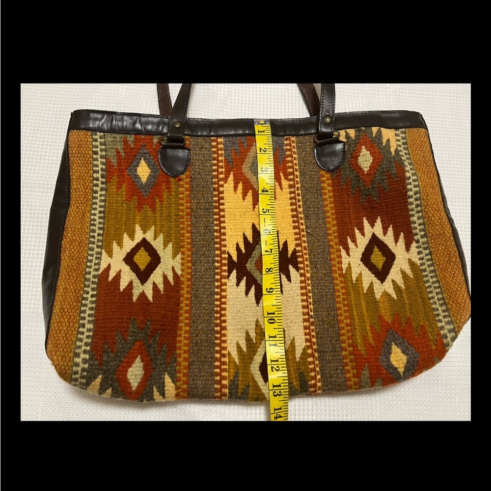 Large Southwestern Aztec Wool & Leather Shoulder Tote Handbag - Picture 10 of 11